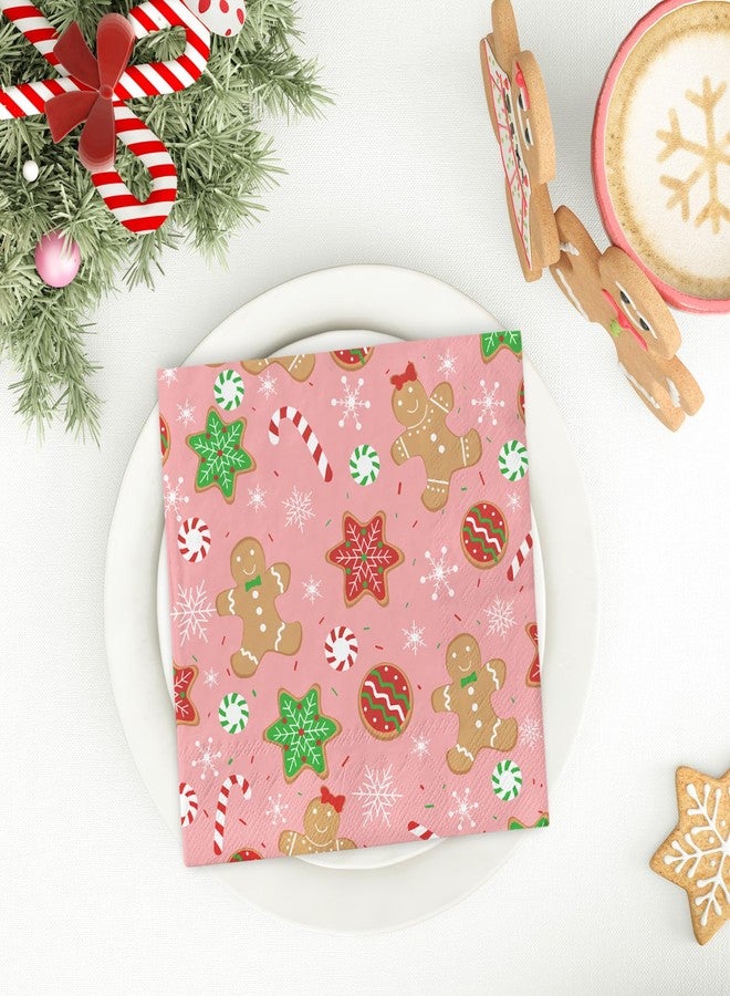 JarThenaAMCS 80Pcs Pink Christmas Paper Napkin Gingerbread Candy Cane Snowflake Disposable Luncheon Napkins Cute Xmas Dinner Hand Napkin for Winter Birthday Baby Shower Party Supplies - Image 5